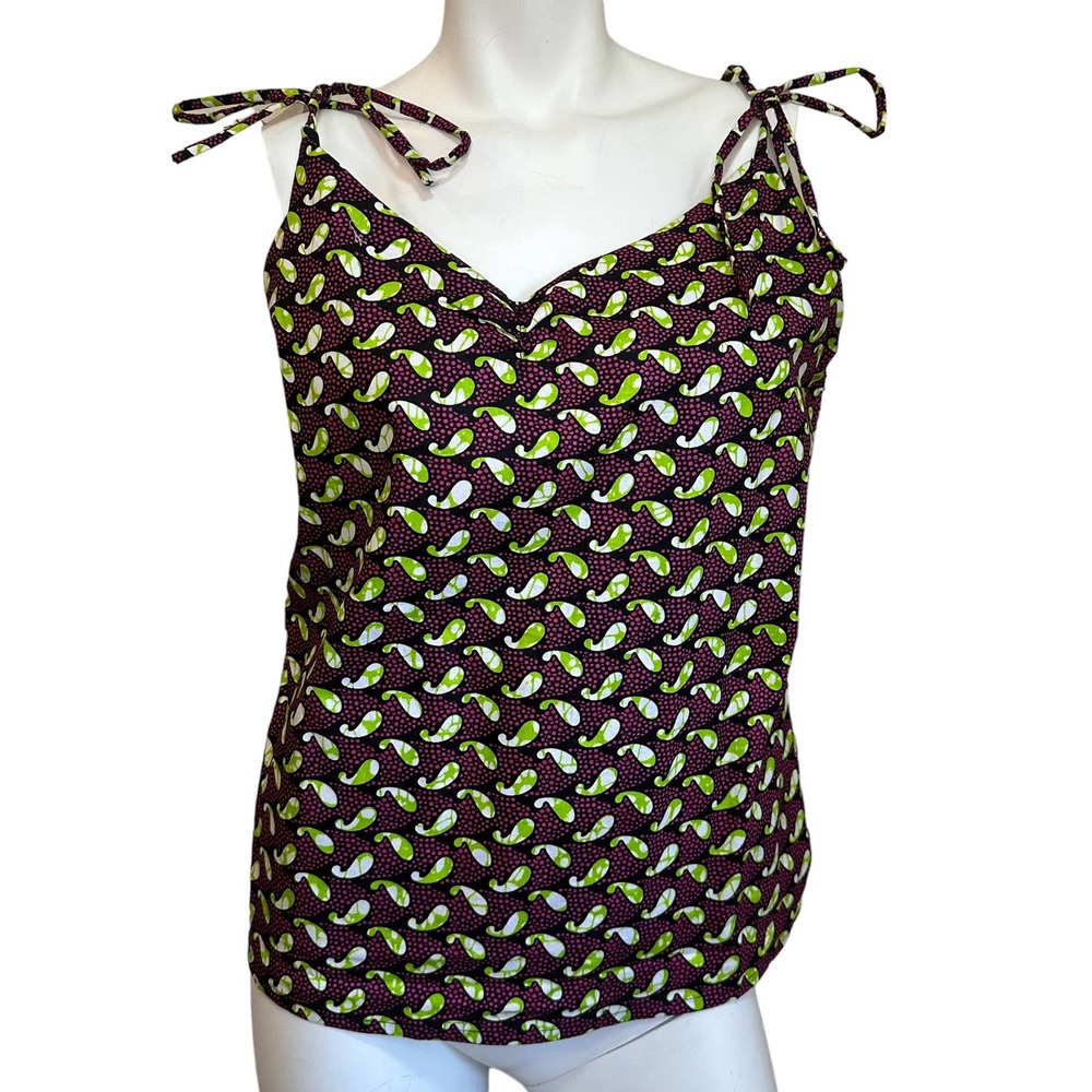 Chen Burkett Pink Green Paisley Cotton Spaghetti Strap Tie Top sz M NWOT